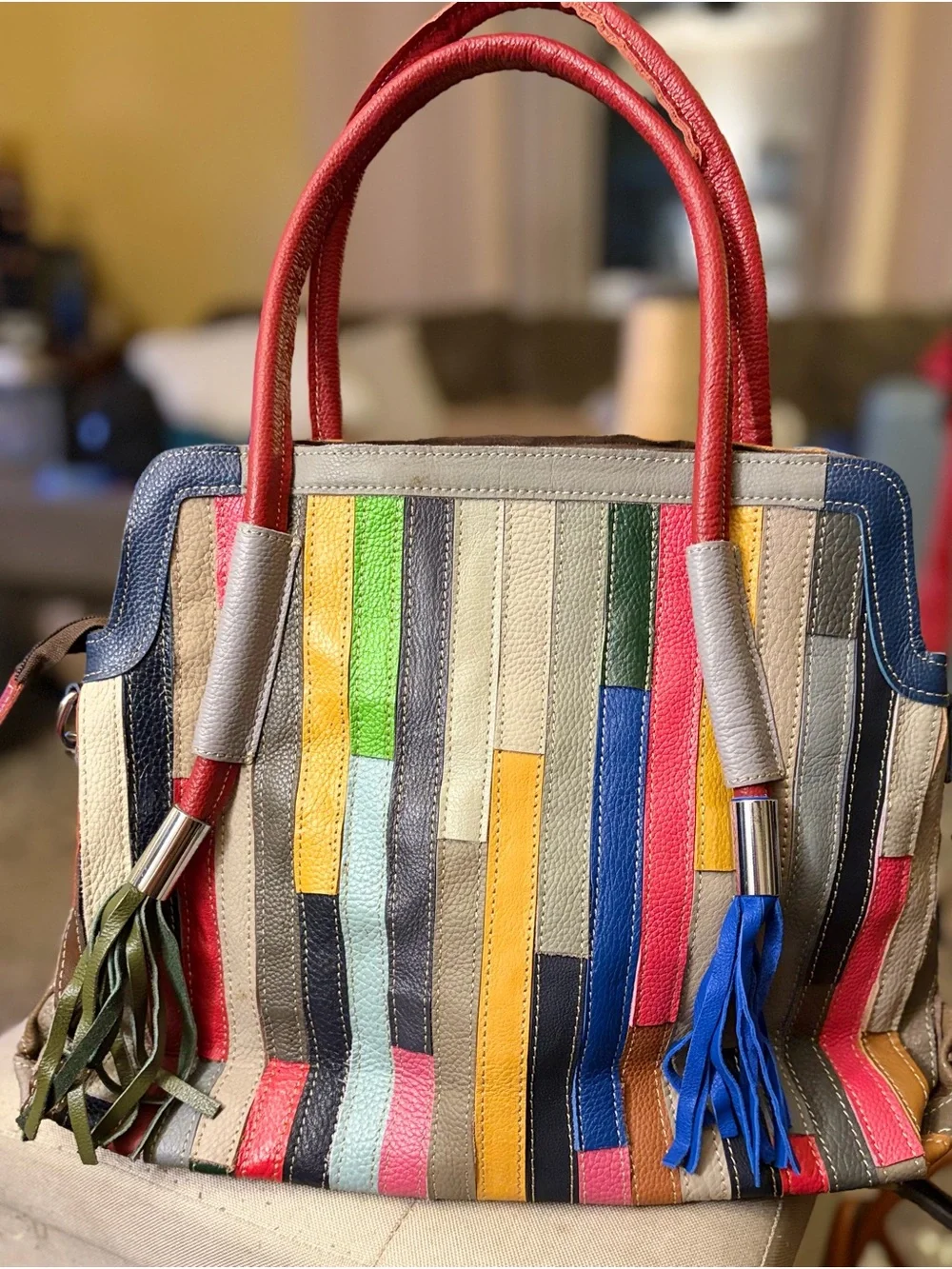 Multicolor Floral Patchwork Leather Satchel - Red & Multicolor